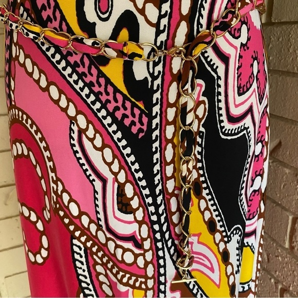 Cache Vintage Paisley Floral 90s Y2K Long Maxi Dress sz Medium M Pink Chain Belt - Picture 3 of 9